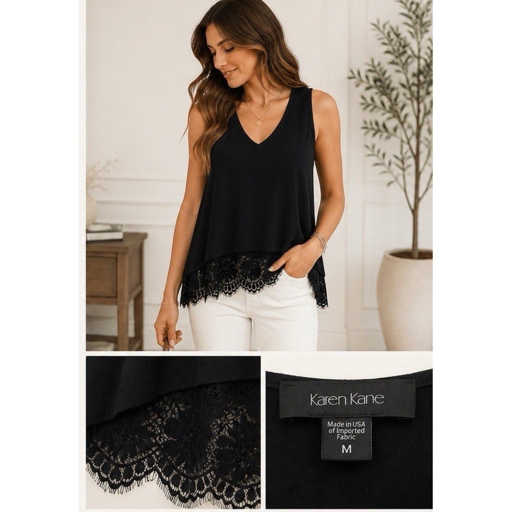 Karen Kane Black Tank Top Women's Medium Lace Hem Sleeveless‎ Blouse - Picture 4 of 4